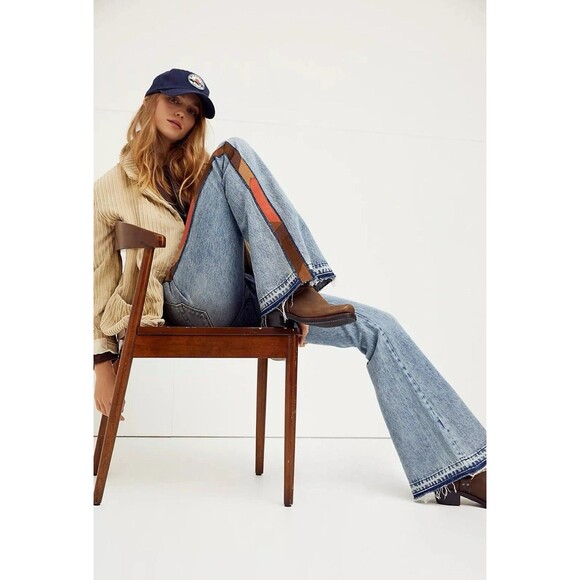 FREE PEOPLE X DRIFTWOOD FARRAH FLARE JEANS Size 25 Western Patchwork Stripe 34" - Picture 1 of 9